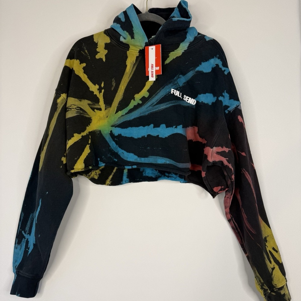 Full Send Tie Dye Cropped Hoodie 2XL XXL Back Print Grunge Black Red Yellow Blue